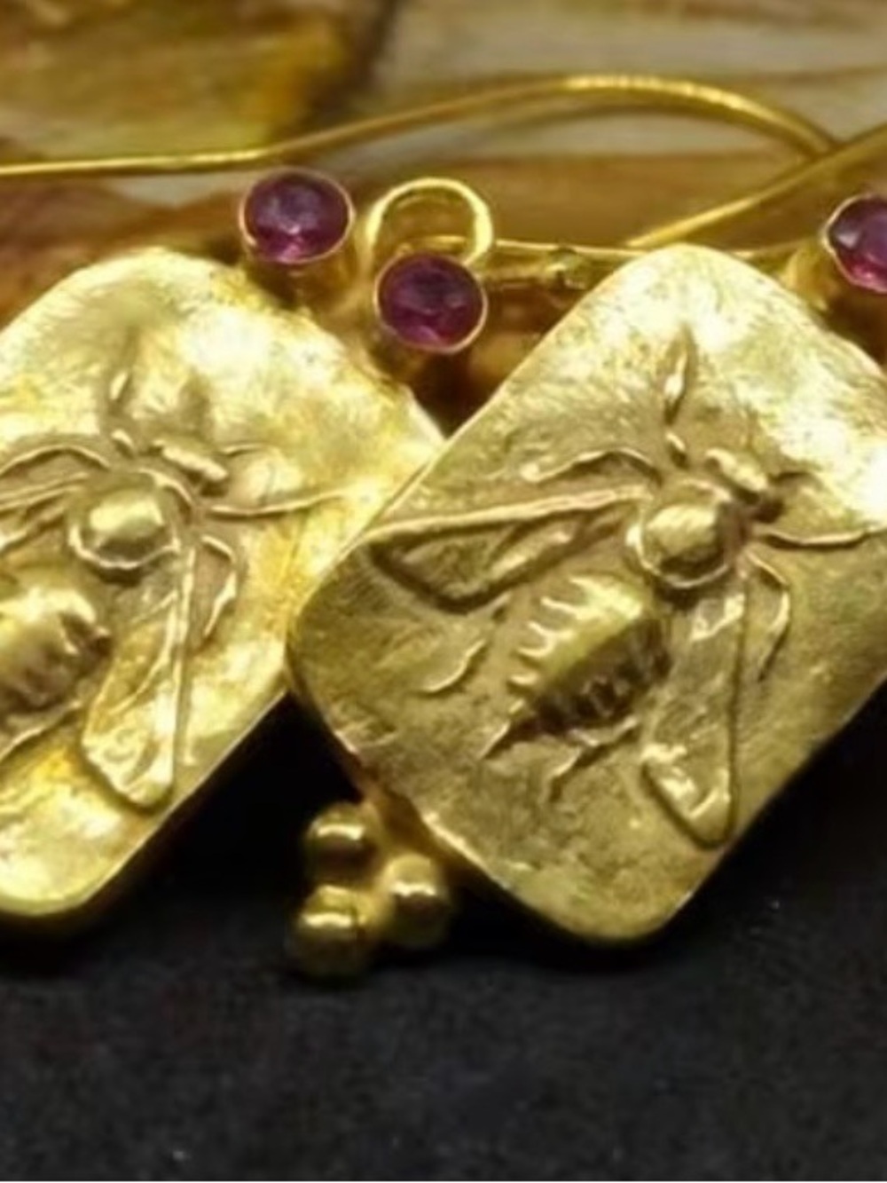 Gold Bee Motif Drop Earrings with Pink Gem Accents